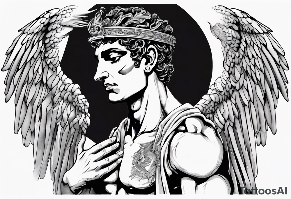 God hermes kneeling with wings wrapped around him tattoo idea