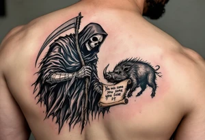 Grim reaper looking down on a bug feral boar while holding a scythe and scroll. The scoll has the words “You win some you lose some” written on it tattoo idea