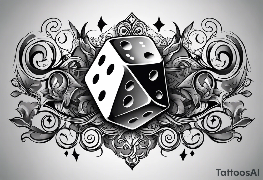 A tattoo design featuring a dice on a forearm, with the words “RISK” and “RICH” displayed on opposite sides of the dice. The dice has a 3D effect, shaded in black and gray to give it depth and realism. Decorative swirls and subtle scrollwork surround the dice, adding elegance to the design. This tattoo symbolizes the gamble and balance between risk and reward in the pursuit of success, capturing the idea that fortune often requires courage. The design has a bold, monochromatic look, making it visually striking and meaningful. tattoo idea