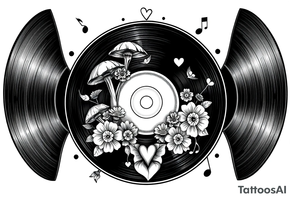 vinyl record with mushrooms, flowers, hearts, and music notes tattoo idea