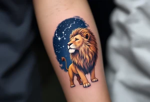 A proud lion stands under a night sky shaded in navy, with the Leo star constellation highlighted in silver stardust above. tattoo idea
