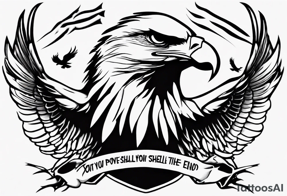 swooping military bald eagle tattoo, with the words "you shall prove yourself in the bitter end" up top and on the bottom the words "but for now, brace yourself." tattoo idea