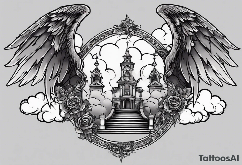 Chest tattoo design split down the middle. Angel/heaven side on the left with a staircase going up. Devil/hell side on the right with a staircase going down. Clouds on the angel side. Flames on the hell side. One angel wing & one devil wing as background features. tattoo idea