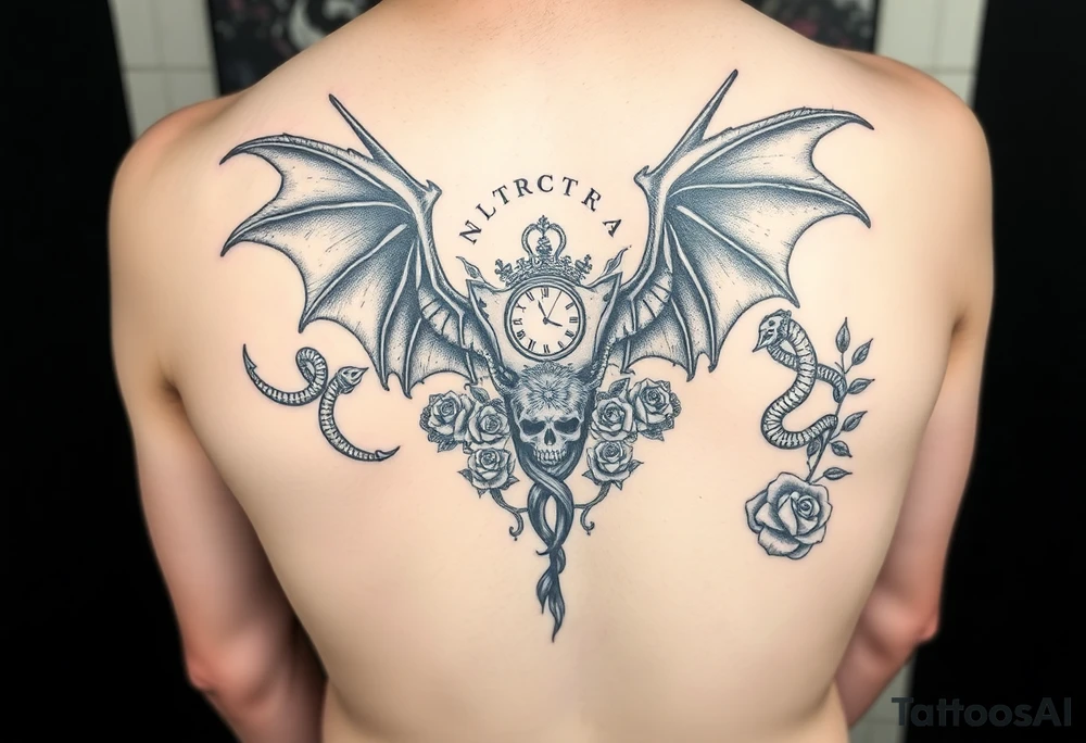 highly designed dragons wings intertwined with snakes down arms connected to a wolf head and skull going down back with Latin words surrounding and a clock and many roses all around tattoo idea