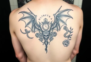 highly designed dragons wings intertwined with snakes down arms connected to a wolf head and skull going down back with Latin words surrounding and a clock and many roses all around tattoo idea