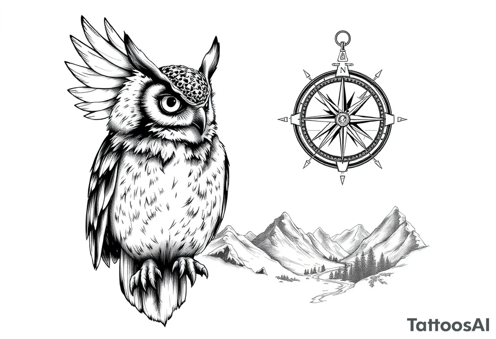 an owl,a compass,landscape. tattoo idea