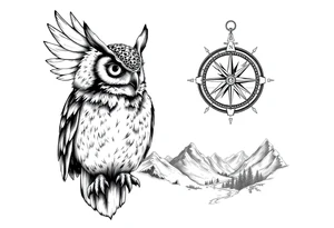 an owl,a compass,landscape. tattoo idea