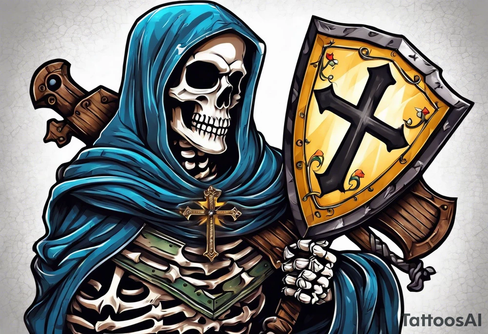 skeleton holding a shield with a cross on it tattoo idea