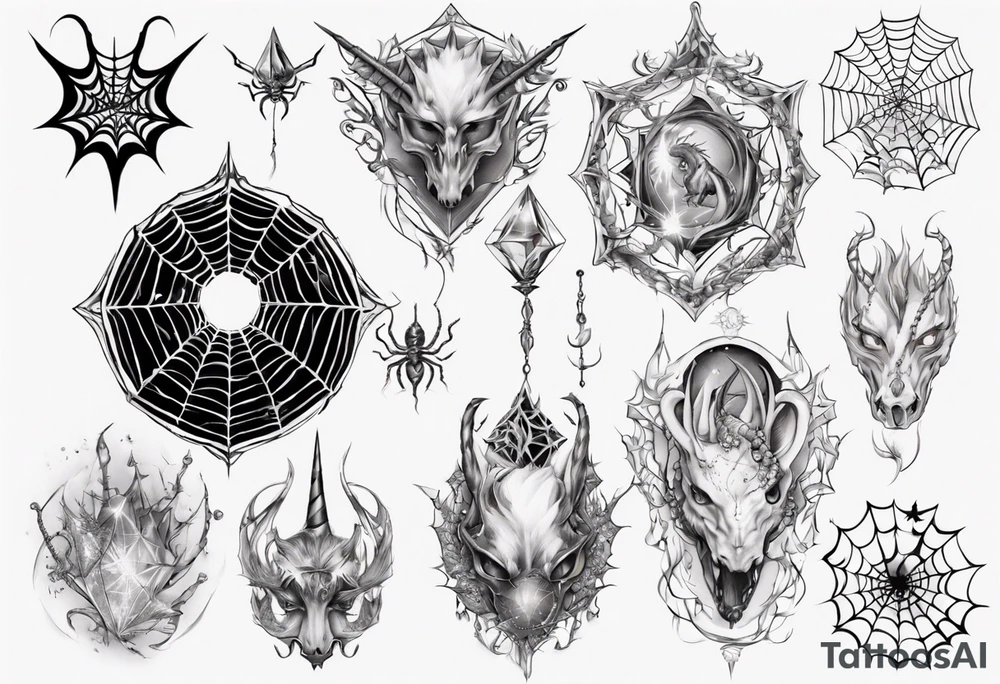 Dragon spiral spiderweb shattered chalices jewels, unicorn horn and a spider tattoo idea