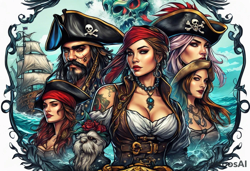 sexy female pirates with a group of skull pirates and a sea monster tattoo idea