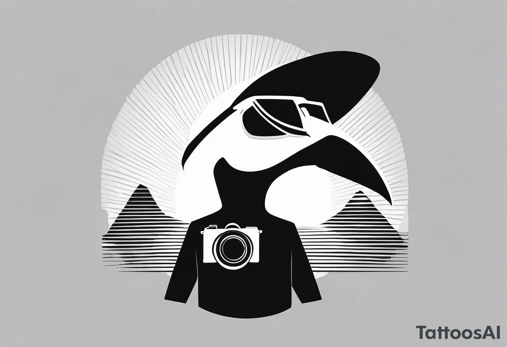 Black and white silhouette illustration of a seagull (albatross) with a human body, wearing sunglasses and a hat. The bird’s wings and head are shown in dynamic, stylized shapes, while its human body is positioned confidently, holding a camera. The design is playful and minimalistic, with clean lines defining the figure and accessories. The background features abstract, simplified shapes of a serene beach and a clear sky, creating a sense of relaxation and adventure. The silhouette emphasizes the whimsical character of the scene, with strong contrasts to highlight the unique design. tattoo idea