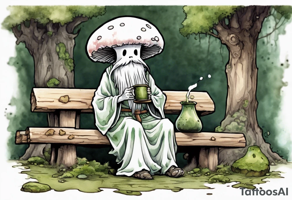 a kodama wearing a mushroom hat and a mossy beard and a medieval tunic drinking from a wood cup, sitting on a bench laughing tattoo idea