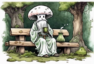 a kodama wearing a mushroom hat and a mossy beard and a medieval tunic drinking from a wood cup, sitting on a bench laughing tattoo idea