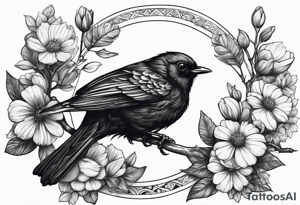A black bird with its wings up on a branch with flowers tattoo idea