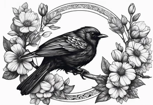 A black bird with its wings up on a branch with flowers tattoo idea