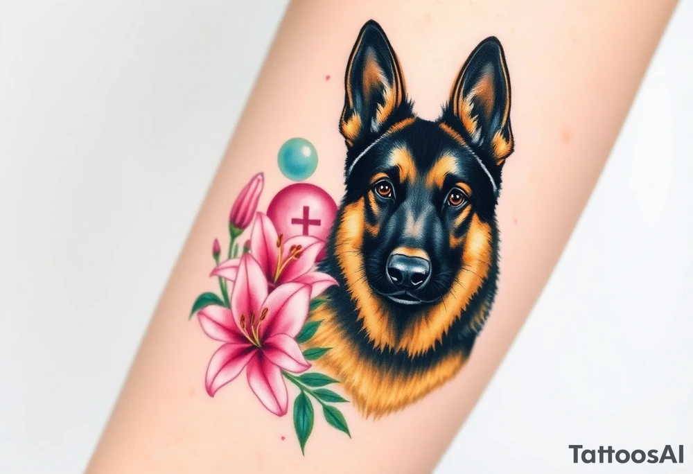 realistic german shepherd looking protective with pink lilies in front of a sacred heart symbol tattoo idea