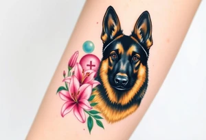 realistic german shepherd looking protective with pink lilies in front of a sacred heart symbol tattoo idea