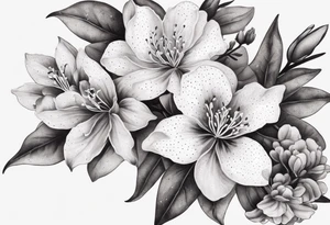 5-petal Azaleas, buds, leaves; curved design tattoo idea
