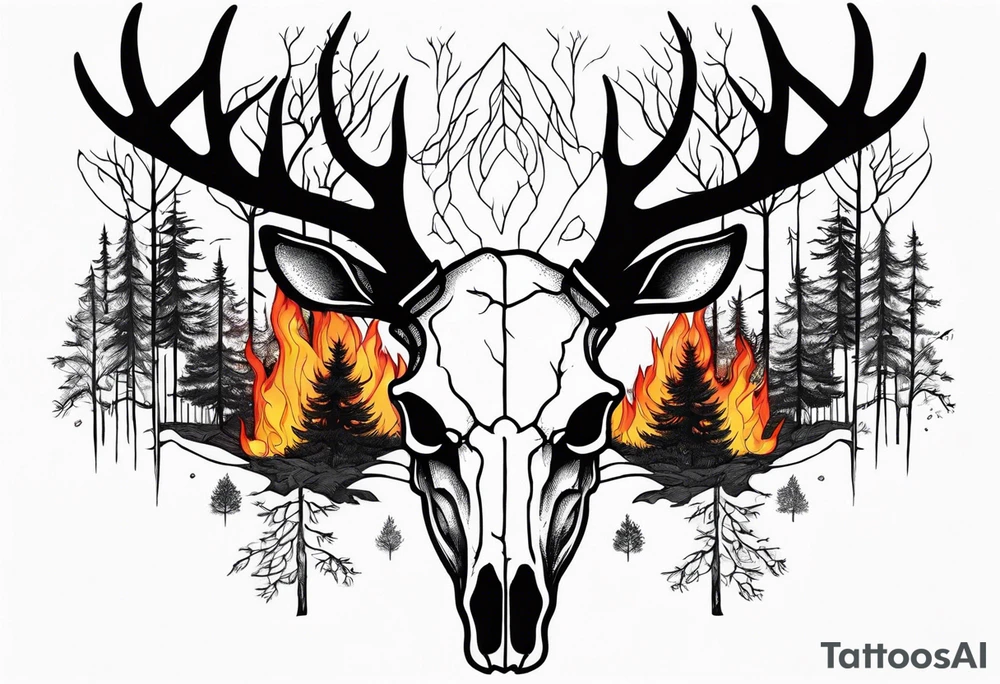 A side profile of decayed deer skull surrounded by trees and fire tattoo idea