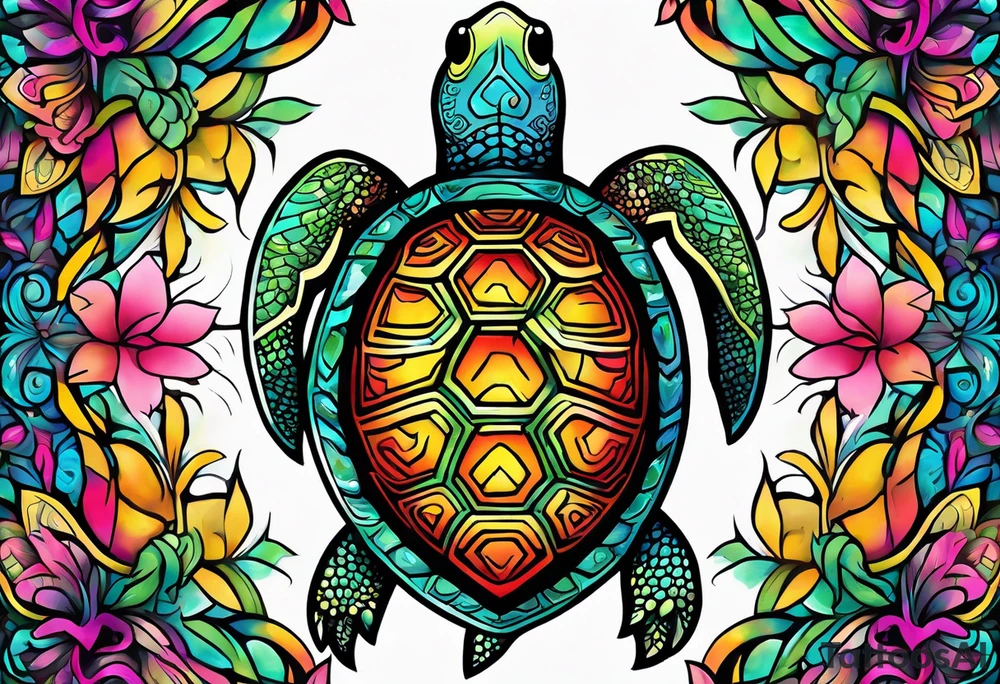 tropical psychedelic turtle's back, top down view, as seen from above tattoo idea
