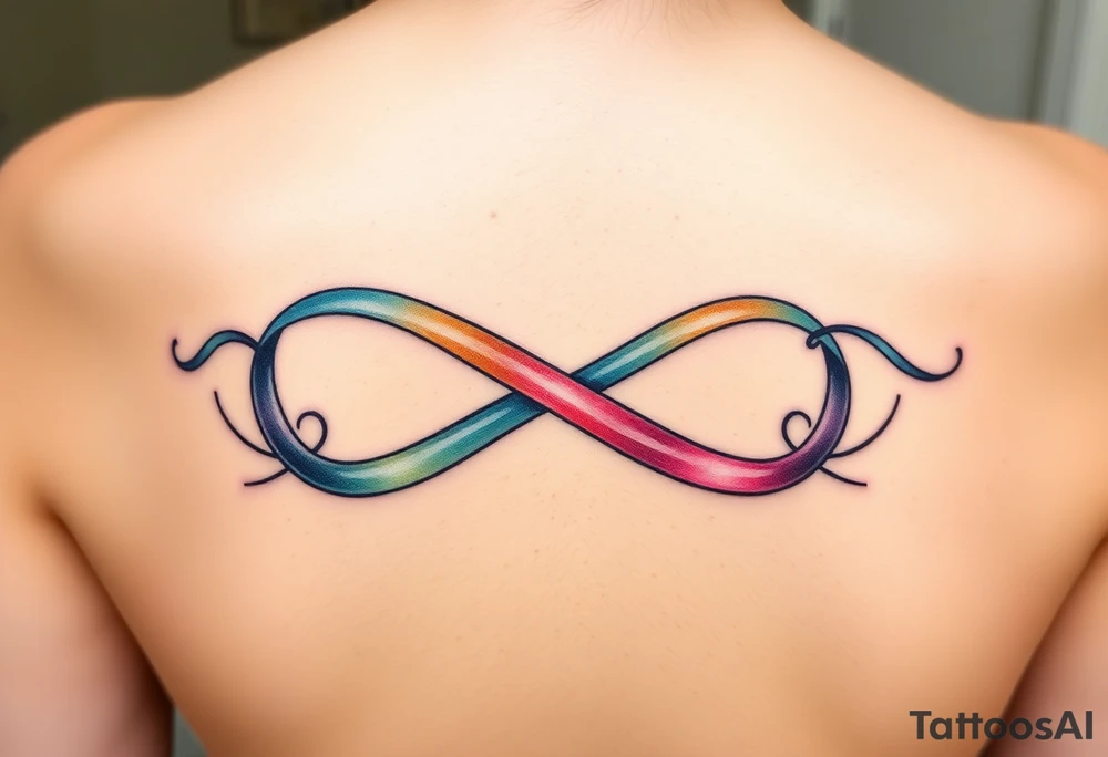 an infinity symbol with 5 colors of ribbons 3 march birthstone color, 1 october birthstone color, and 1 july birthstone color tattoo idea