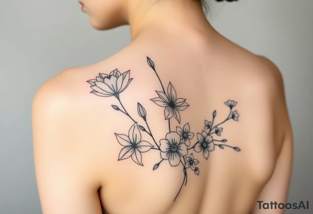 botanical tattoo with flowers such as tulips and lilies and cherry blossoms on the upper arm tattoo idea