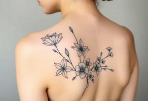 botanical tattoo with flowers such as tulips and lilies and cherry blossoms on the upper arm tattoo idea