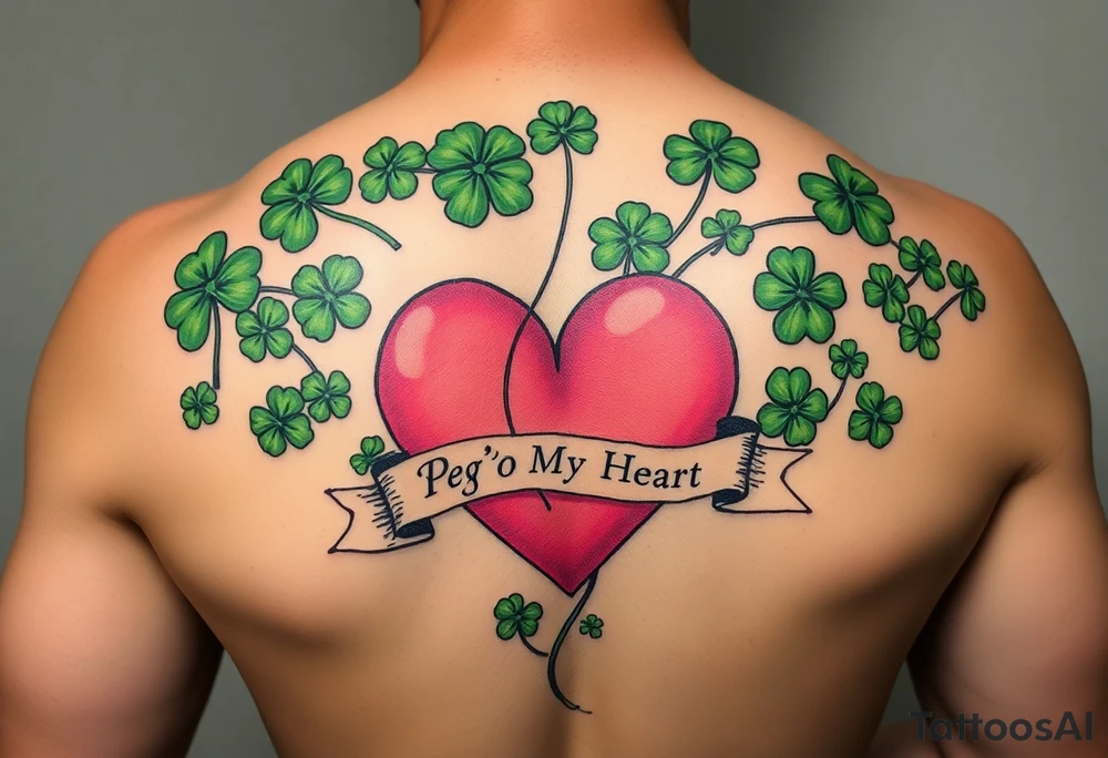 A lot of green shamrocks & ahorses with a big Pink heart and a banner across the heart that says Peg 'o My Heart tattoo idea