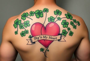 A lot of green shamrocks & ahorses with a big Pink heart and a banner across the heart that says Peg 'o My Heart tattoo idea
