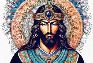 flat stern byzantine Christ with all-demanding eyes with a halo made of peacock feathers tattoo idea