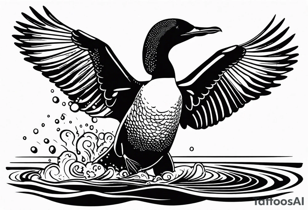 A North American common loon looking majestic as it spreads its wings in the water. On the mid-upper thigh. Don’t have a background. Make sure it is just the loon. The image should be face directly at the loon’s chest. tattoo idea