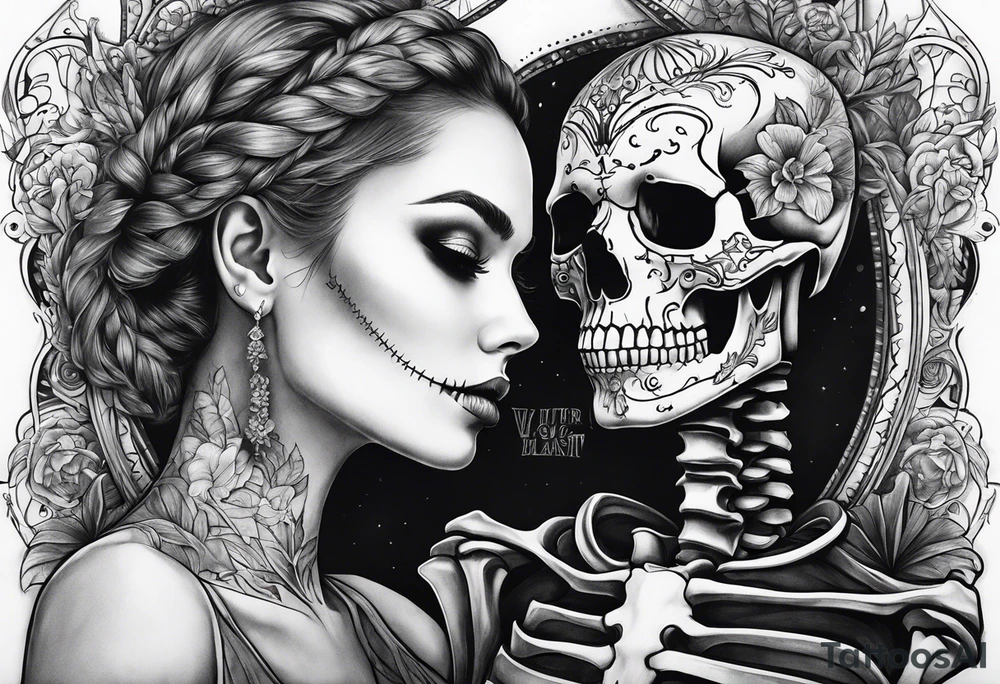 A skeleton and woman together With a quote tattoo idea