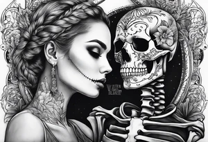 A skeleton and woman together With a quote tattoo idea