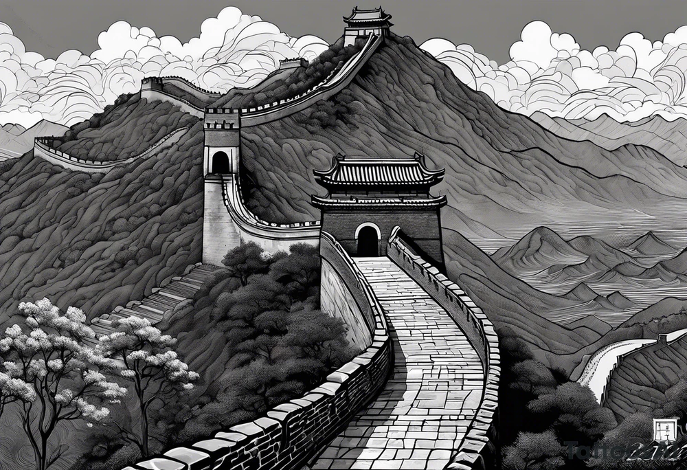 Great Chinese wall, realistic, art, gezeichnet, fine line, black and grey, man, details tattoo idea
