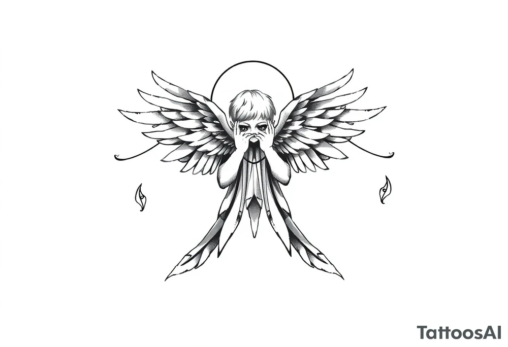 Angel with two wings covering its face, two wings covering its feet, and two flying out at its sides tattoo idea
