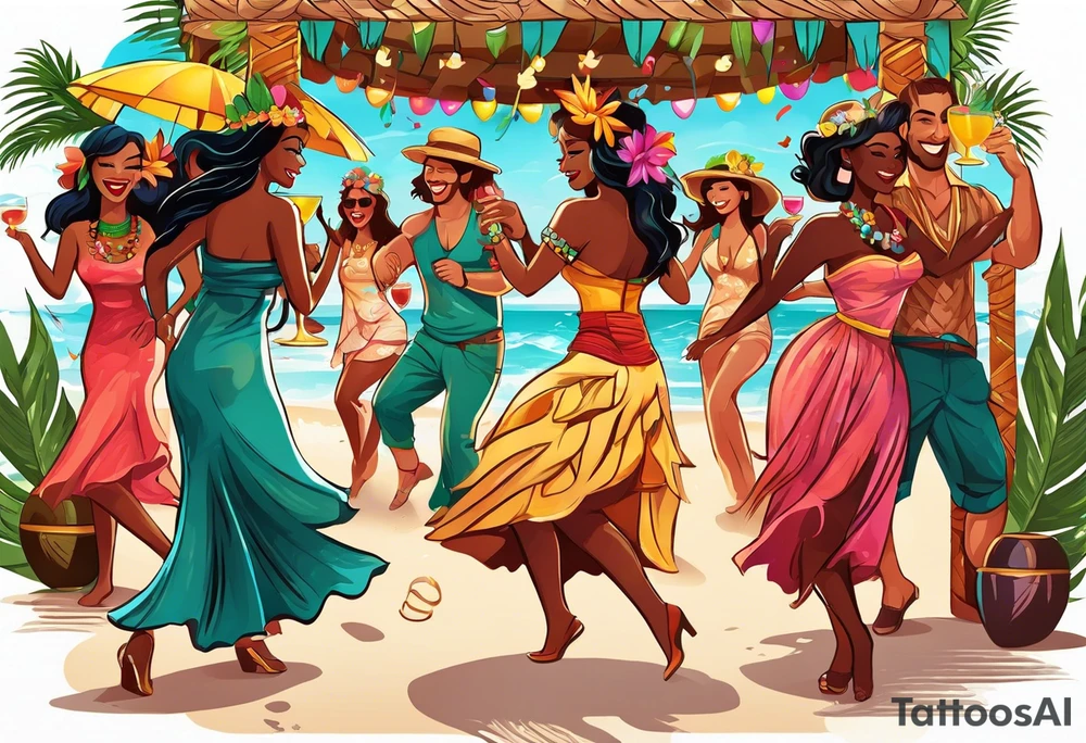 TIKI beach  dance party scene with tropical drinks, sexy girls dancing, music notes, confetti tattoo idea