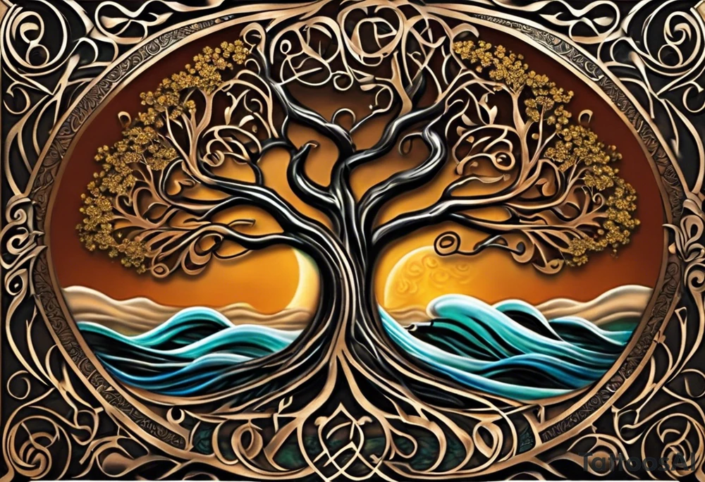 A tattoo design that incorporates the following elements: an abstract tree of life that has roots emerging  from the ground. Waves of water encapsulate the tree and wind around it in an organic way.  Incorporate music.   the letters U and A are overlapping and engraved into the tree. a golf ball incorporated but not prominent. tattoo idea