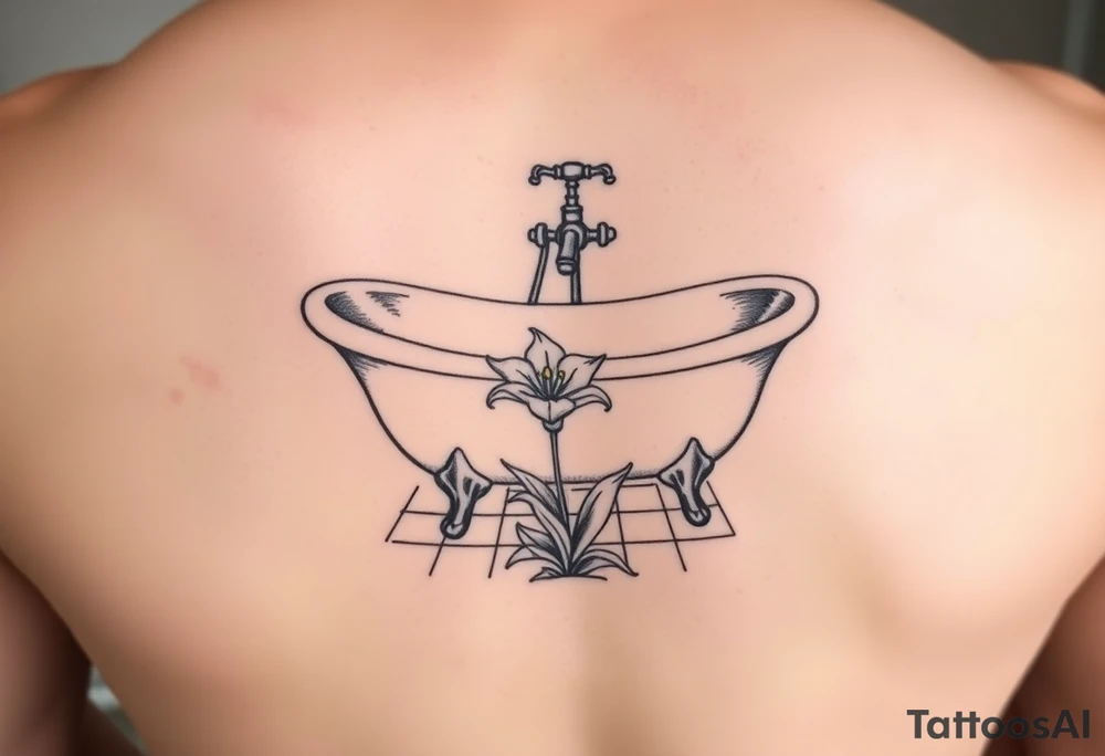 clawfoot bathtub with simple faucet and lily coming up out of the tile floor tattoo idea