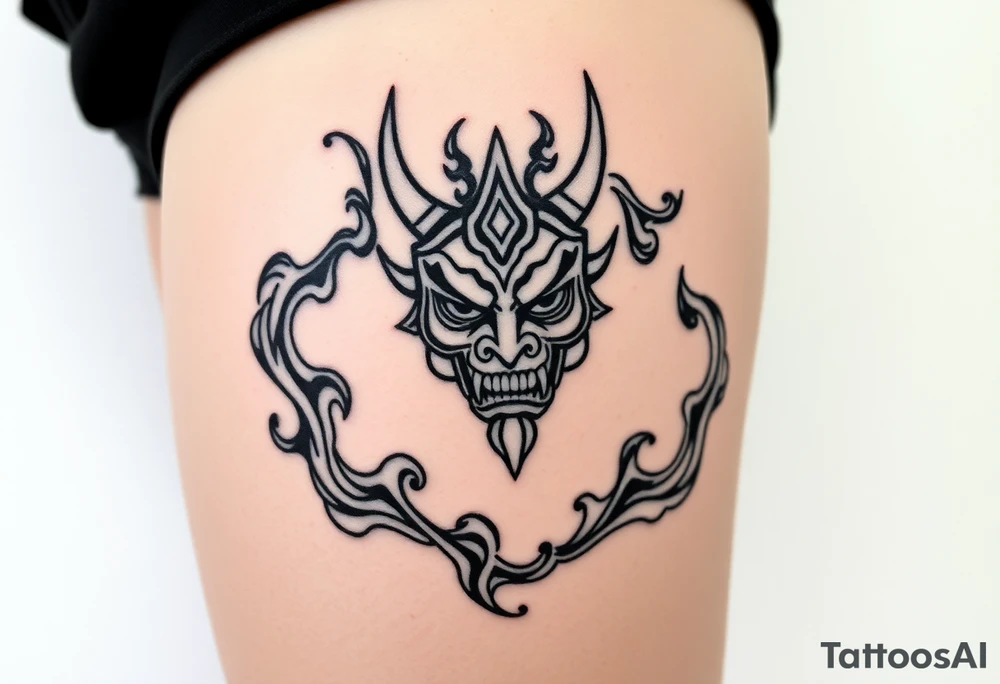 Oni mask surrounded by smoke tattoo idea