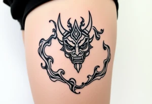 Oni mask surrounded by smoke tattoo idea