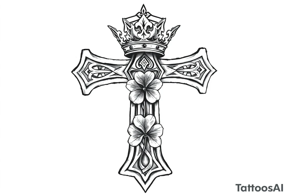 a celtic cross with a crown and a clover tattoo idea