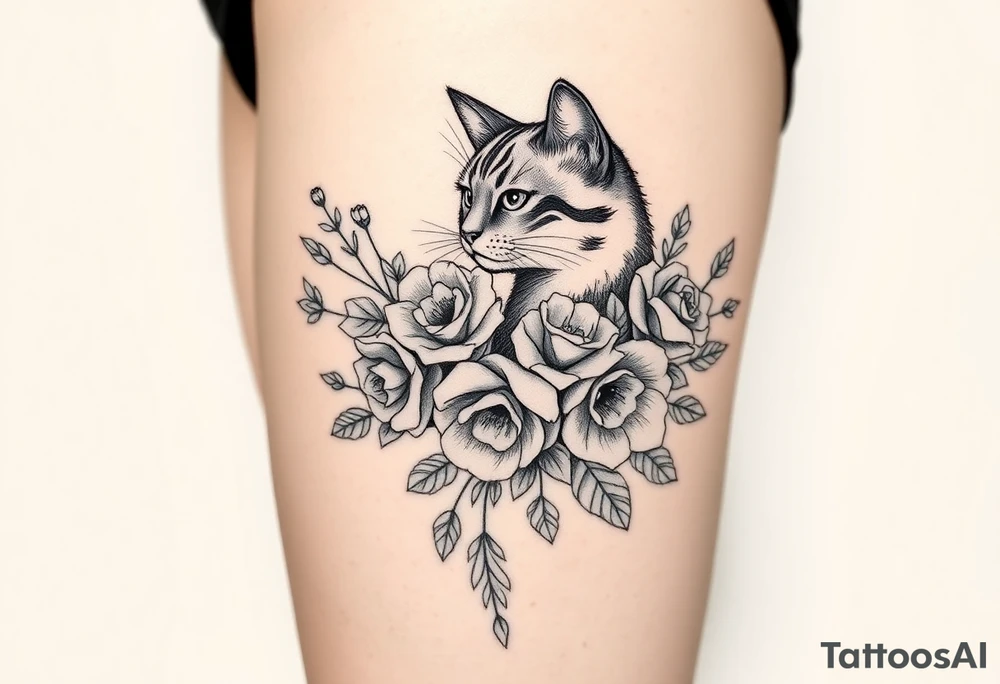Egyptian cat vintage bouquet of roses and meadow flowers with morning dew tattoo idea