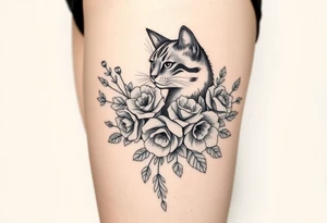 Egyptian cat vintage bouquet of roses and meadow flowers with morning dew tattoo idea