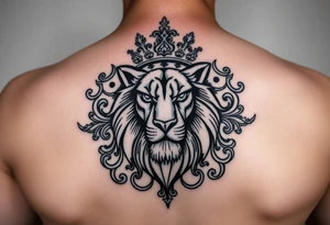 majestic lion wearing ornate crown, surrounded by baroque flourishes tattoo idea