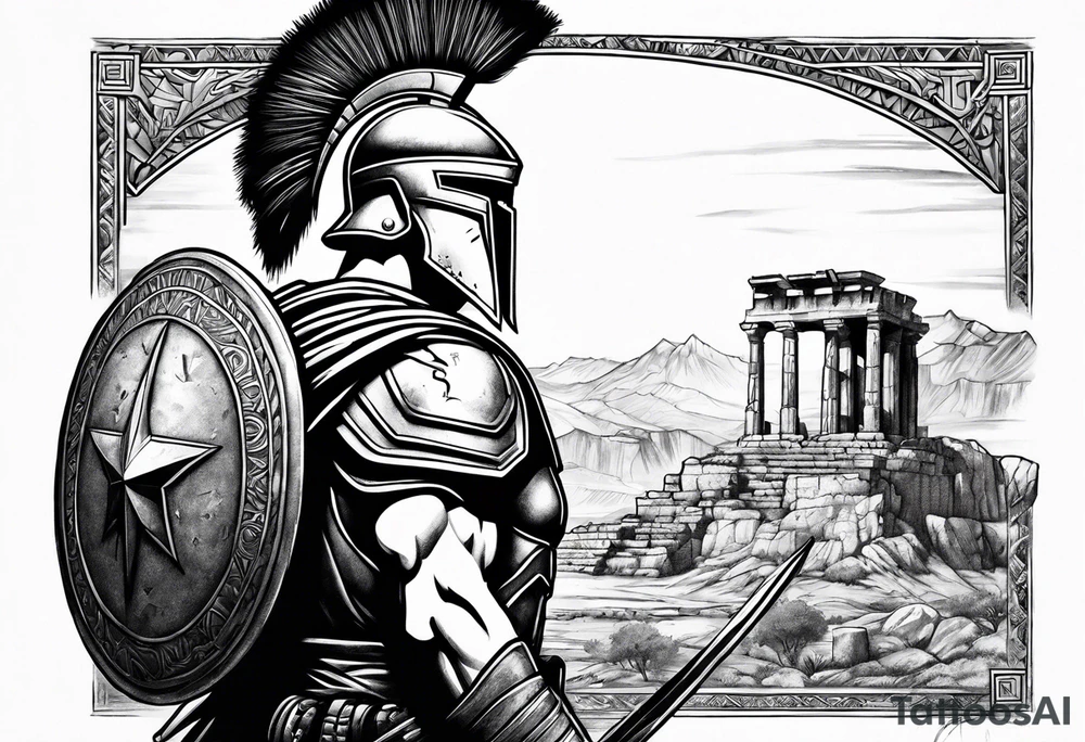 Right Side profile of spartan soilder with ancient ruins in background tattoo idea