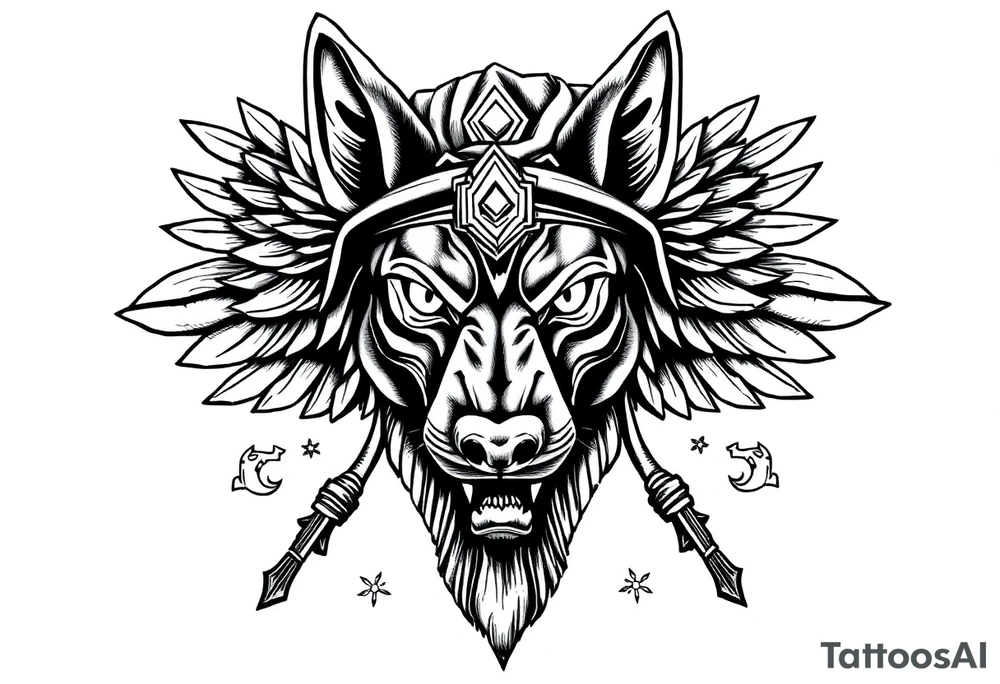 Egyptian Anubis god face muscle in Egypt style  with mantle on head with white eyes 

dog face surrounded Egyptian symbols based on elements tattoo idea