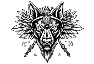 Egyptian Anubis god face muscle in Egypt style  with mantle on head with white eyes 

dog face surrounded Egyptian symbols based on elements tattoo idea