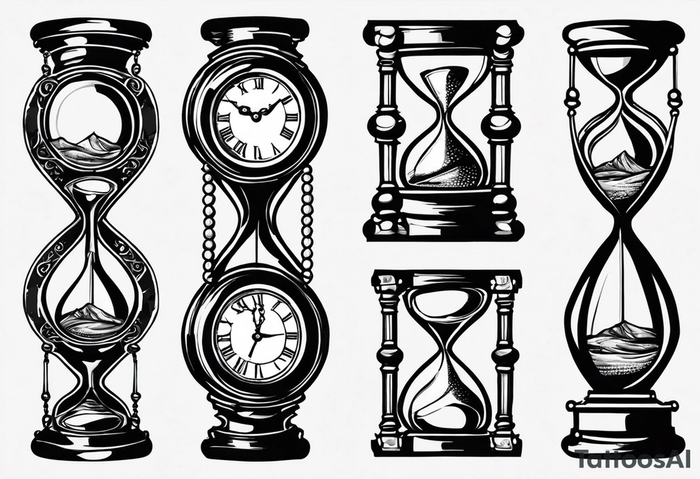 draw a clock/hourglass. They are surrounded by Roman numerals. It is a black and white tattoo for the right shoulder of a man tattoo idea