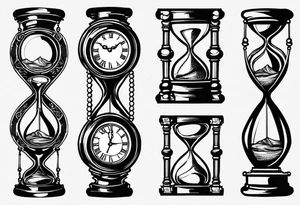 draw a clock/hourglass. They are surrounded by Roman numerals. It is a black and white tattoo for the right shoulder of a man tattoo idea