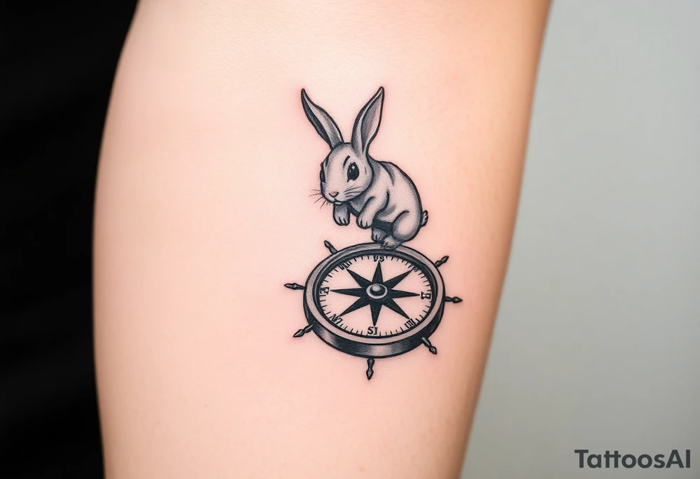 Small Rabbit jumping on top the compass that looks like a rabbit hole. tattoo idea